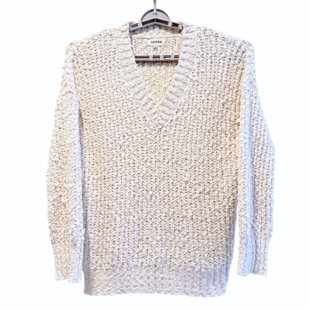 ADORA Women 1X Cream Textured V Neck‎ Long Sleeve Sweater Pullover Polyester